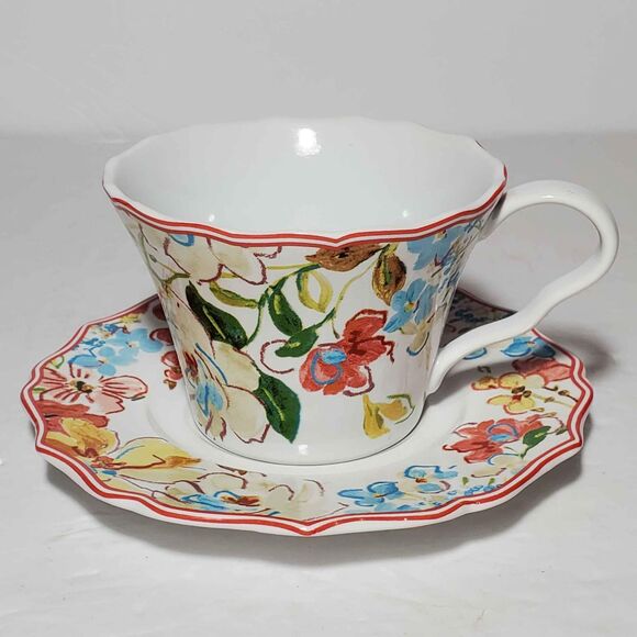 222 Fifth Teacup and Saucer Orange and Blue Flowers - Picture 2 of 7